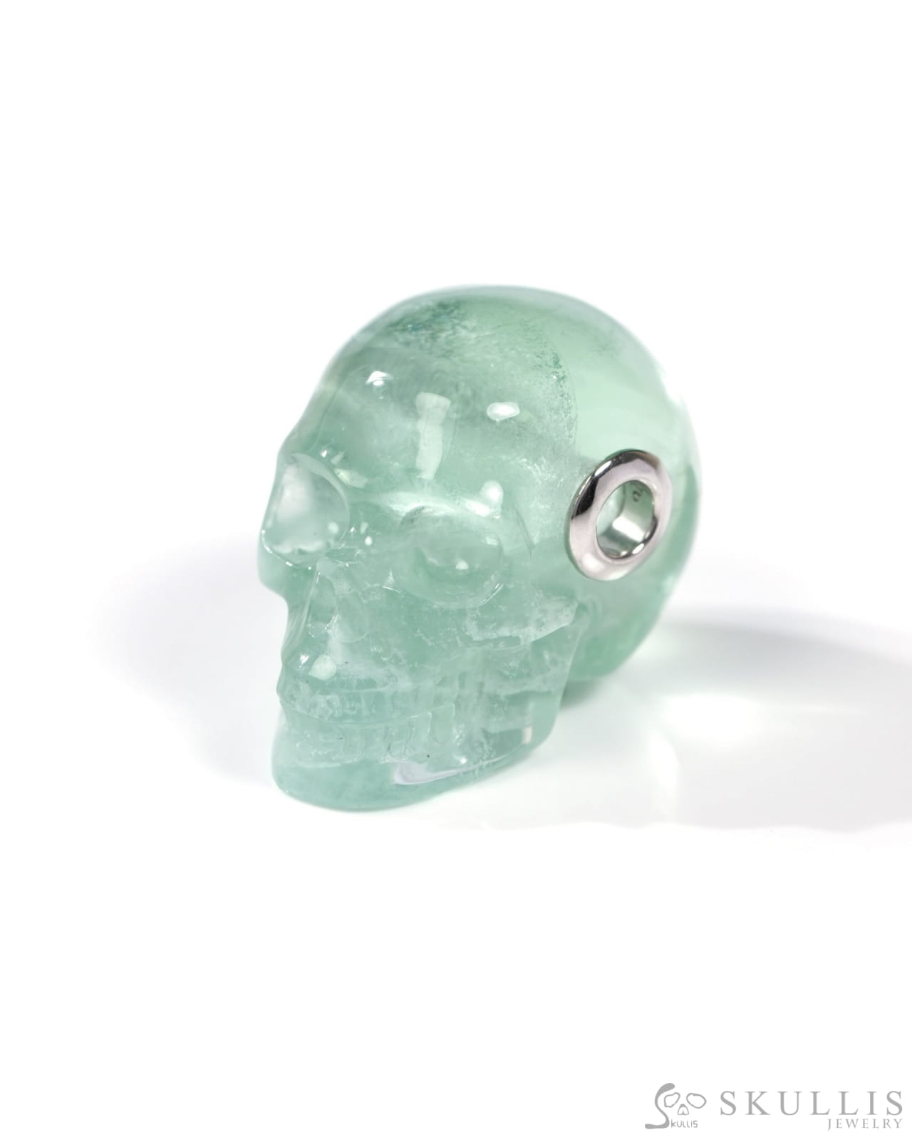 Skullis Signature Fluorite Gem Skull Pendant or Necklace Hand Carved Sterling Silver 925 Chain for Women & Men