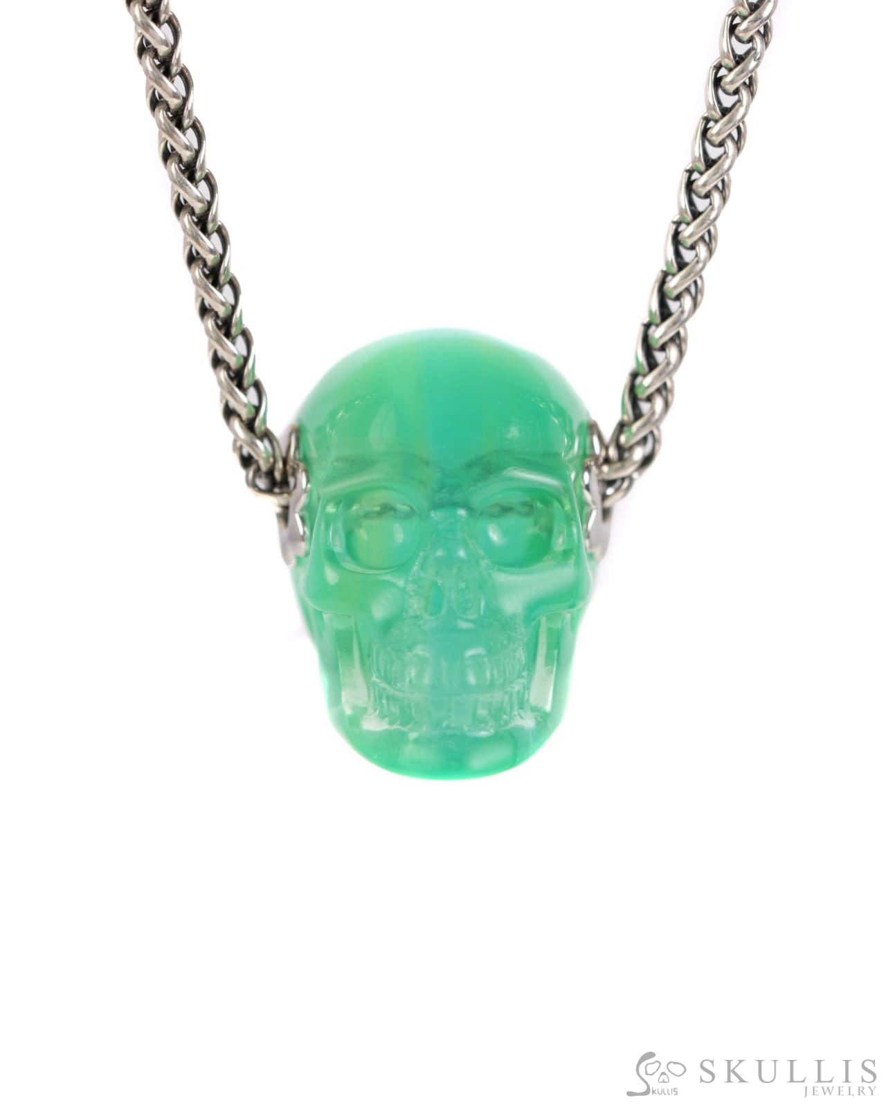 Skullis Signature Fluorite Gem Skull Pendant or Necklace Hand Carved Sterling Silver 925 Chain for Women & Men