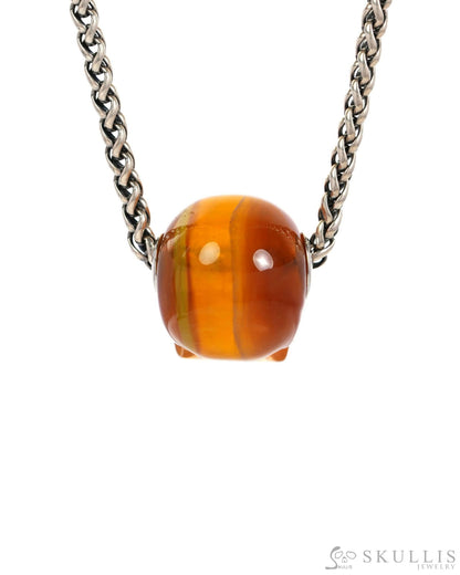 Skullis Signature Orange Fluorite Gem Skull Pendant or Necklace Hand Carved Sterling Silver 925 Chain for Women & Men