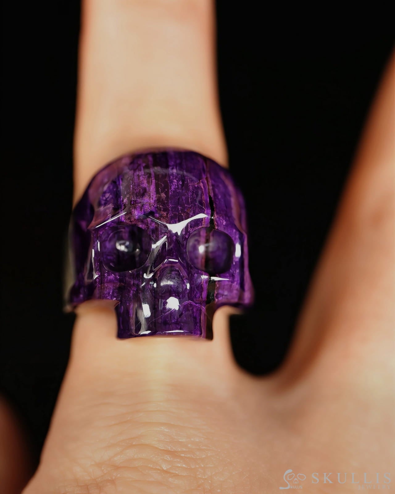 Skullis Signature Gem Jawless Skull Ring of Sugilite Carved Skull Sterling Silver US size 10 - 9500463 - Skull Rings