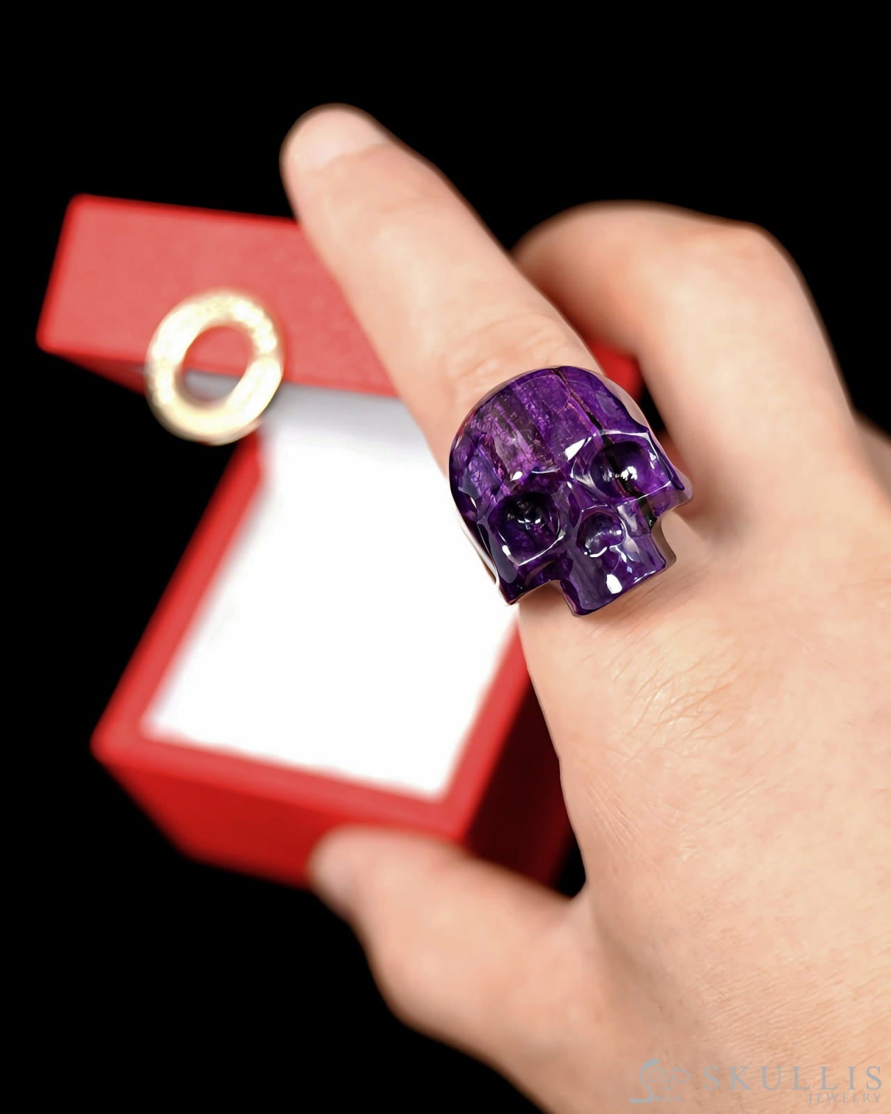 Skullis Signature Gem Jawless Skull Ring of Sugilite Carved Skull Sterling Silver US size 10 - 9500463 - Skull Rings