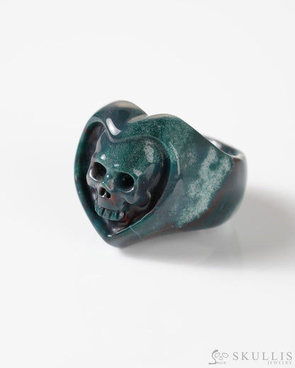 Gem Skull Ring of Bloodstone Carved heart Skull US Size 9 - 9800275 Skull Rings