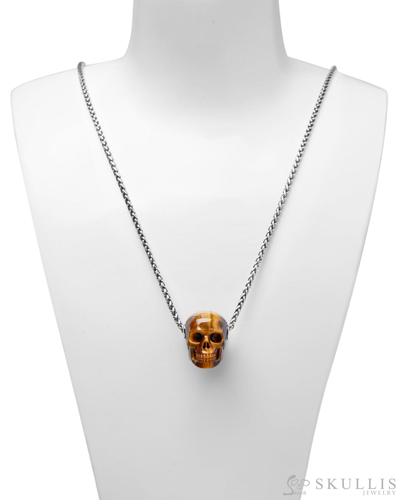 Skullis Signature Gold Tiger’s Eye Gem Skull Pendant or Necklace Hand Carved Sterling Silver 925 Chain for Women & Men