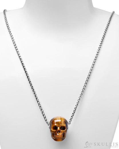 Skullis Signature Gold Tiger’s Eye Gem Skull Pendant or Necklace Hand Carved Sterling Silver 925 Chain for Women & Men