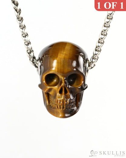 Skullis Signature Gold Tiger’s Eye Gem Skull Pendant or Necklace Hand Carved for Women & Men - ZR19900264 - Skull