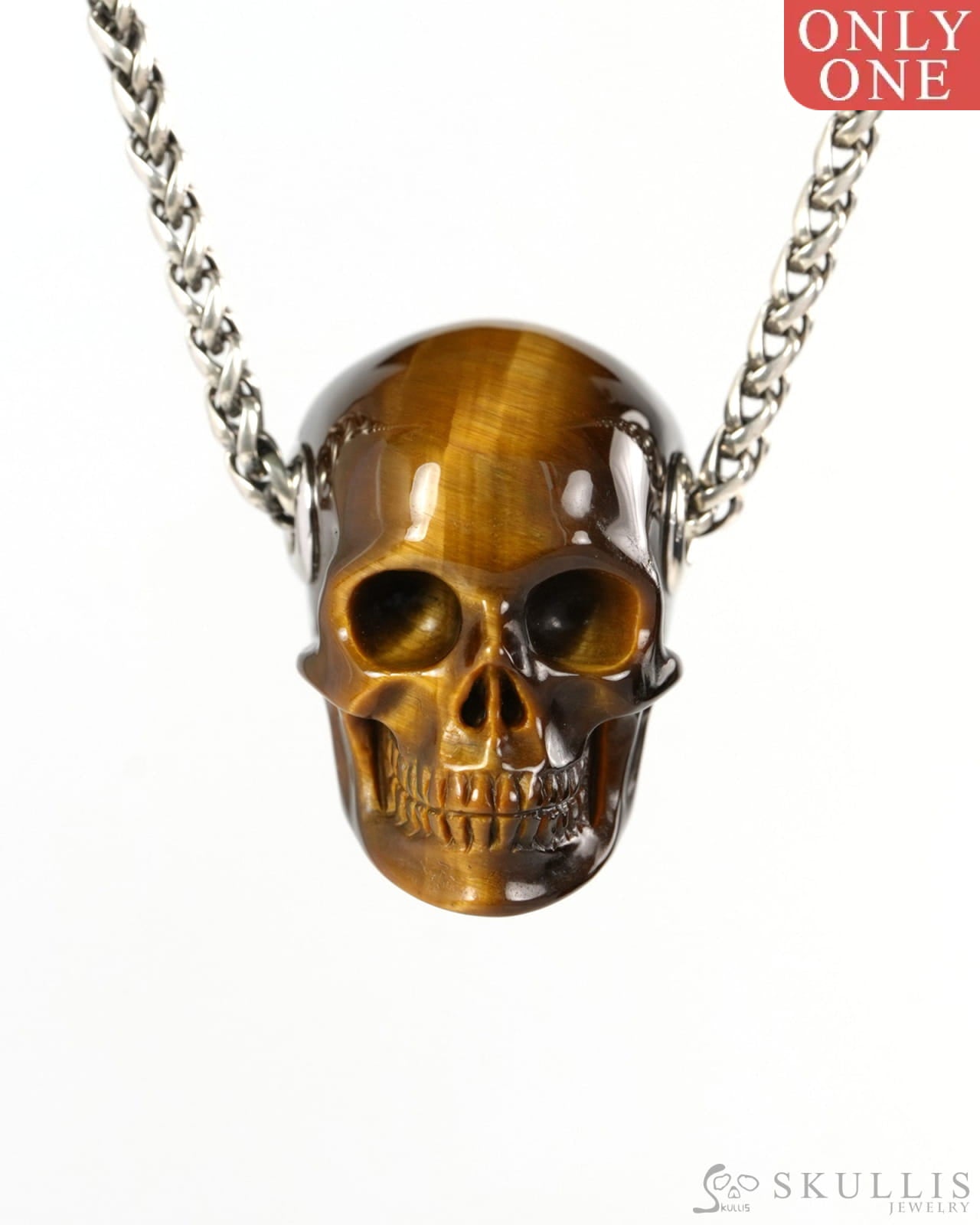 Skullis Signature Gold Tiger’s Eye Gem Skull Pendant or Necklace Hand Carved for Women & Men - ZR19900264 - Skull