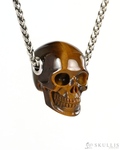 Skullis Signature Gold Tiger’s Eye Gem Skull Pendant or Necklace Hand Carved for Women & Men - ZR19900264 - Skull