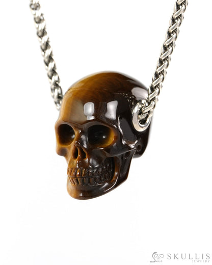 Skullis Signature Gold Tiger’s Eye Gem Skull Pendant or Necklace Hand Carved for Women & Men - ZR19900264 - Skull