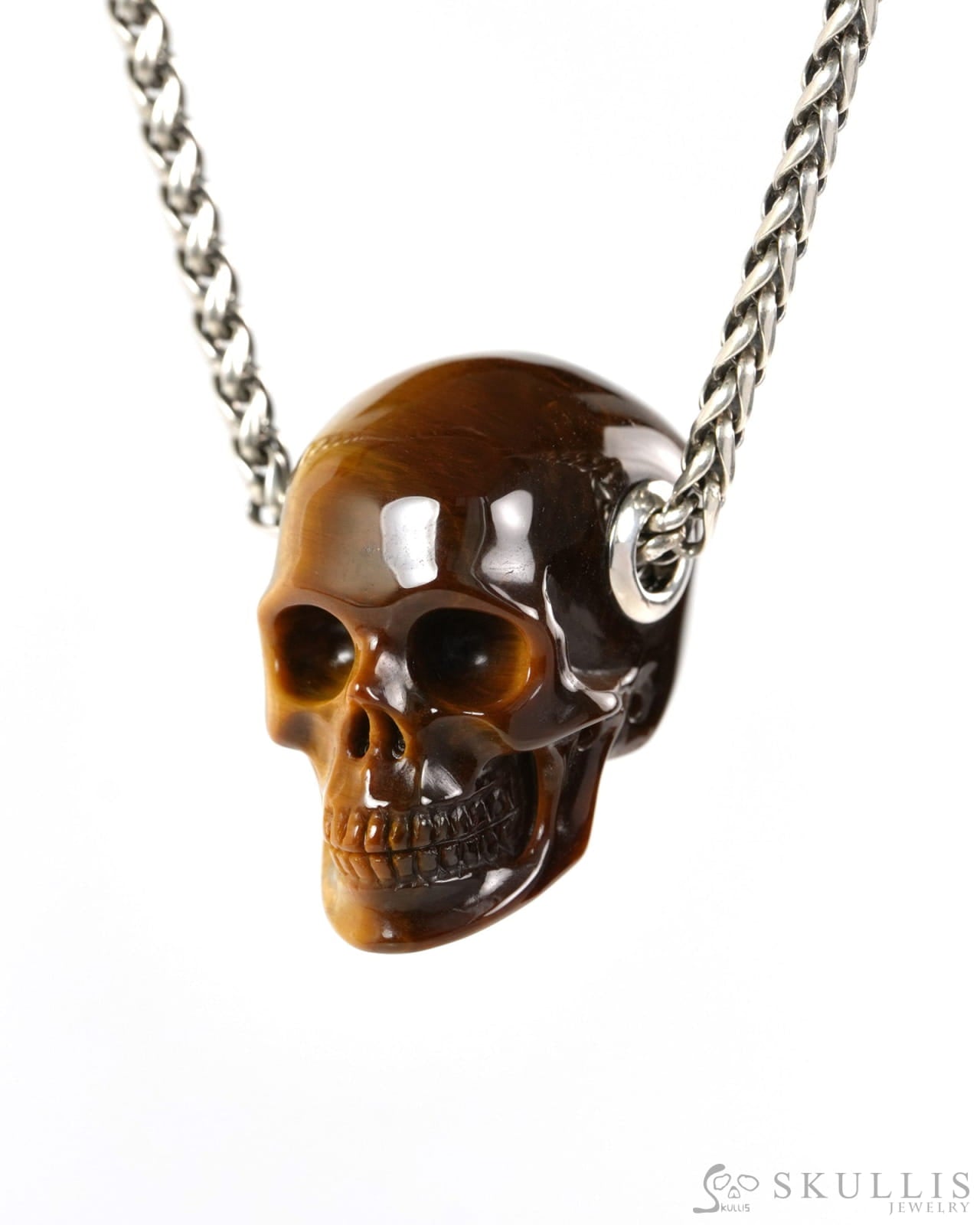 Skullis Signature Gold Tiger’s Eye Gem Skull Pendant or Necklace Hand Carved for Women & Men - ZR19900265 - Skull