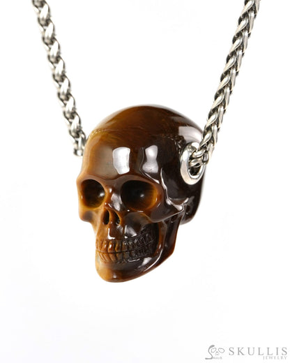 Skullis Signature Gold Tiger’s Eye Gem Skull Pendant or Necklace Hand Carved for Women & Men - ZR19900265 - Skull