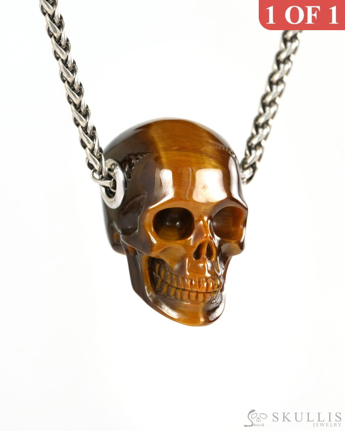 Skullis Signature Gold Tiger’s Eye Gem Skull Pendant or Necklace Hand Carved for Women & Men - ZR19900265 - Skull