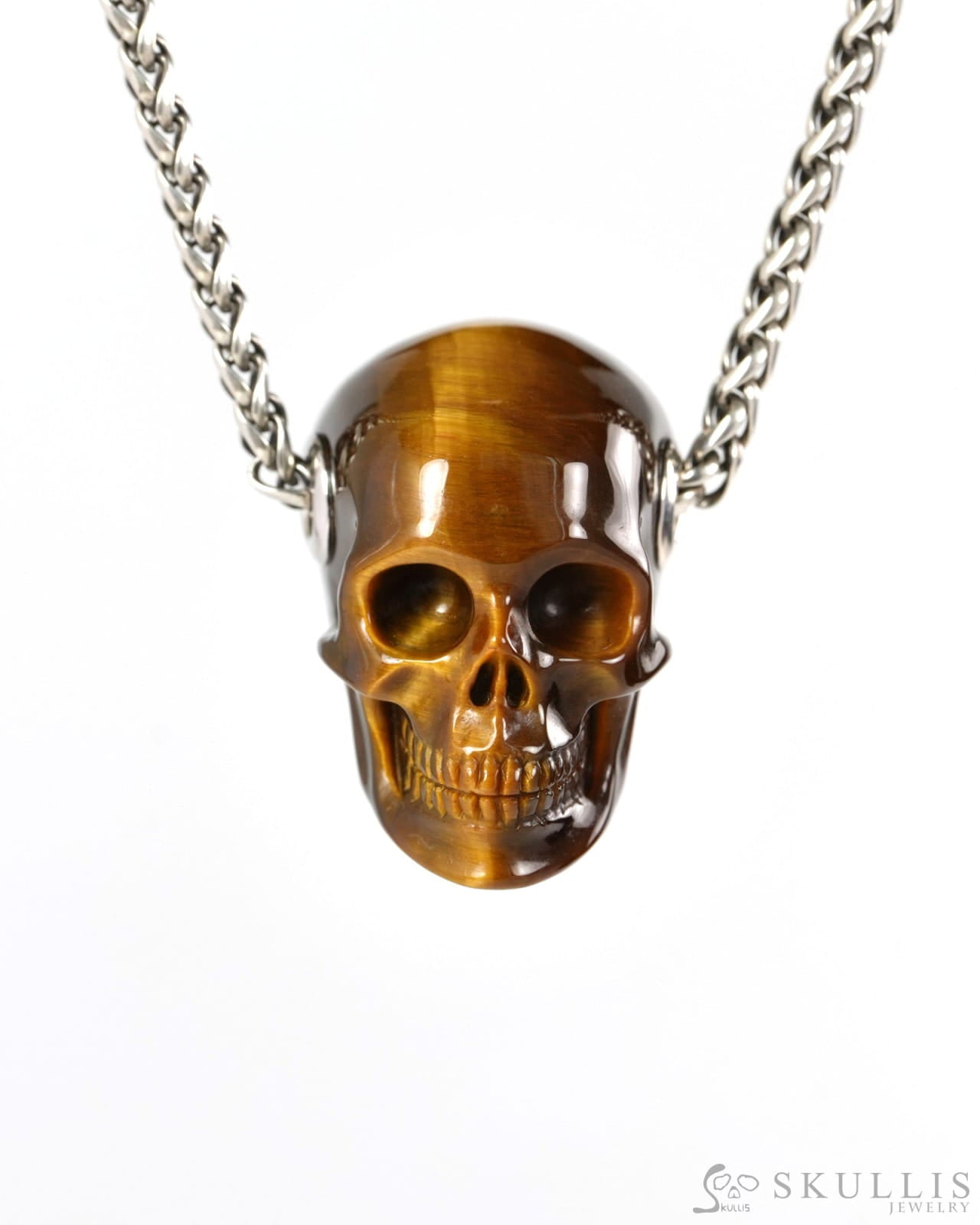 Skullis Signature Gold Tiger’s Eye Gem Skull Pendant or Necklace Hand Carved for Women & Men - ZR19900265 - Skull