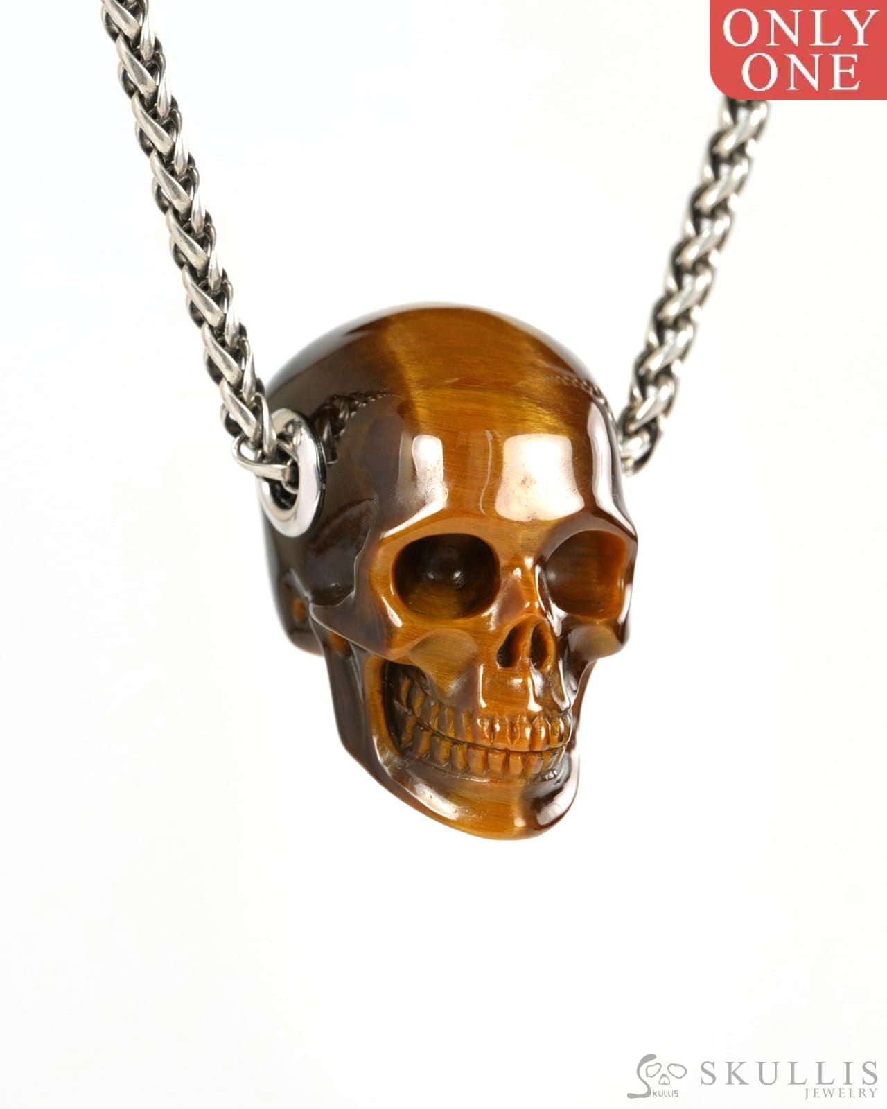Skullis Signature Gold Tiger’s Eye Gem Skull Pendant or Necklace Hand Carved for Women & Men - ZR19900265 - Skull
