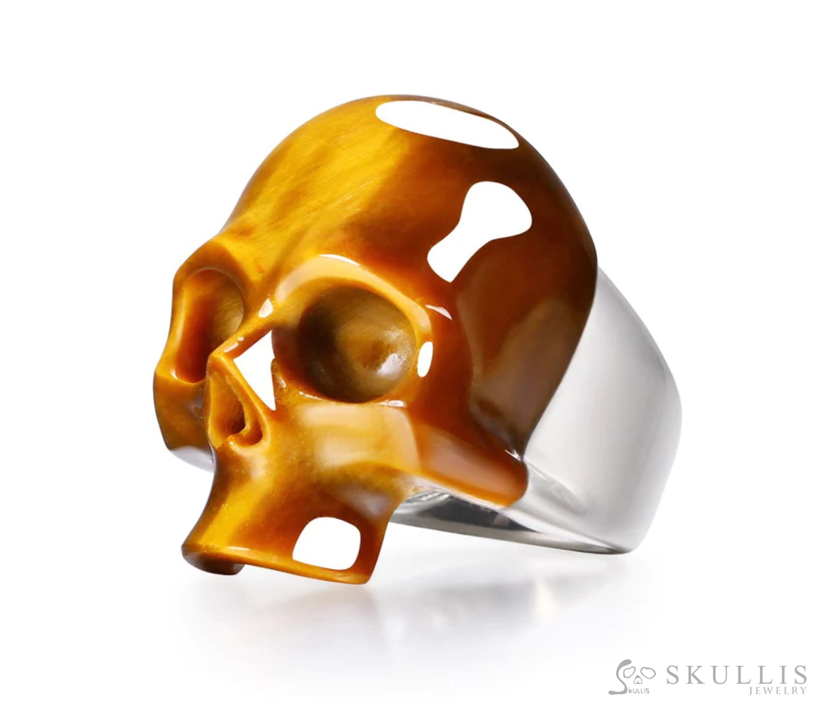 Gem Skull Ring Of Gold Tiger’s Eye Carved Skull In 925 Sterling Silver Skull Rings