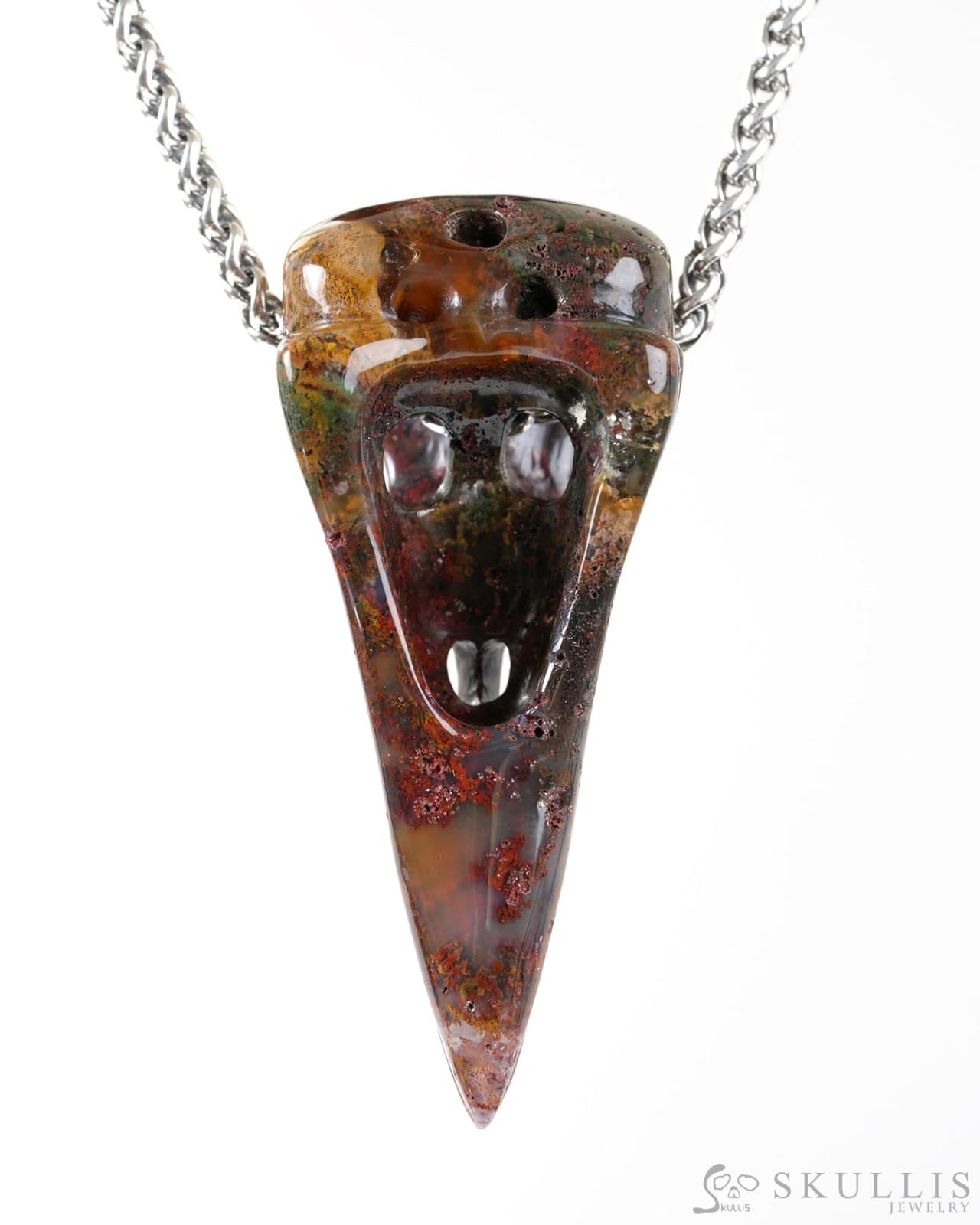 Skullis Signature Green Moss Agate Gem Raven Skull Pendant or Necklace Hand Carved Sterling Silver 925 Chain for Women