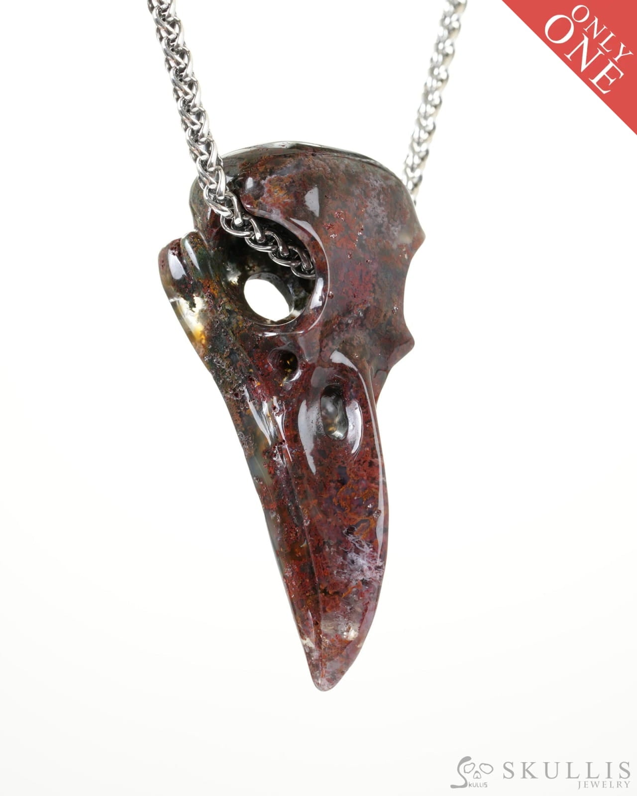 Skullis Signature Green Moss Agate Gem Raven Skull Pendant or Necklace Hand Carved Sterling Silver 925 Chain for Women