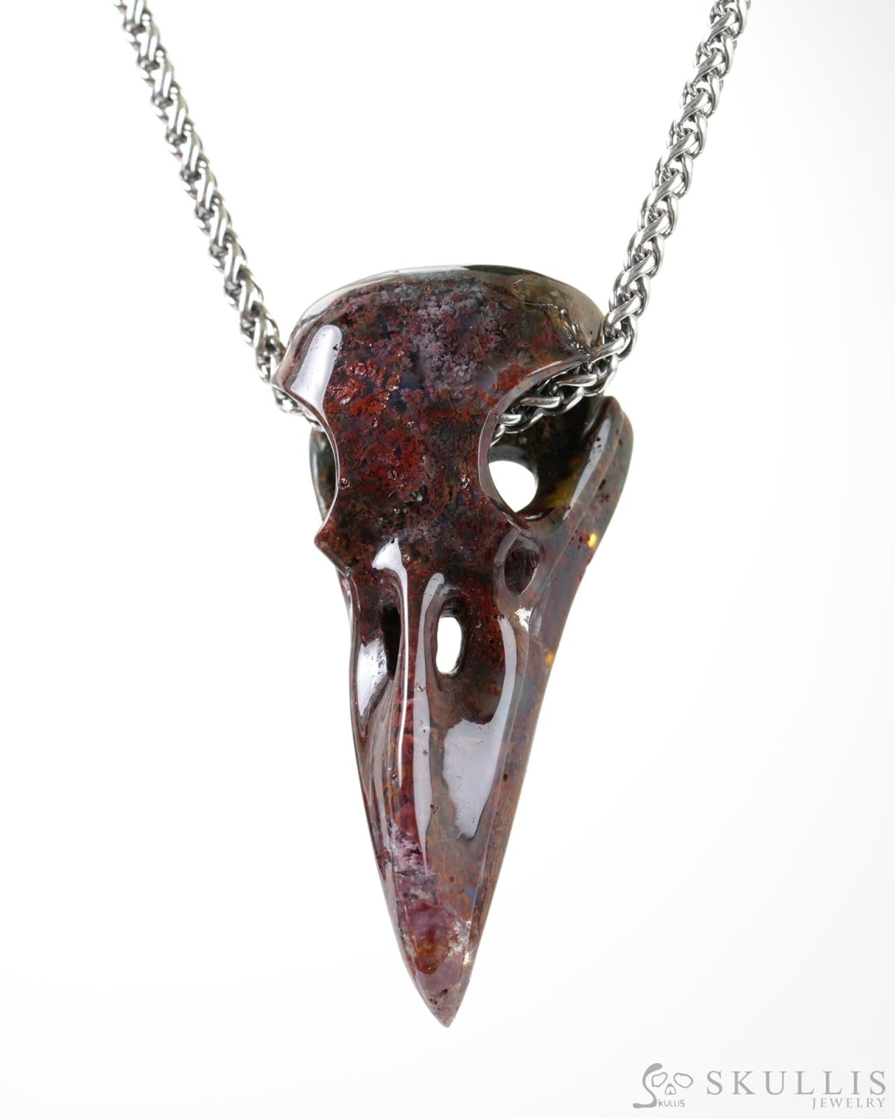 Skullis Signature Green Moss Agate Gem Raven Skull Pendant or Necklace Hand Carved Sterling Silver 925 Chain for Women