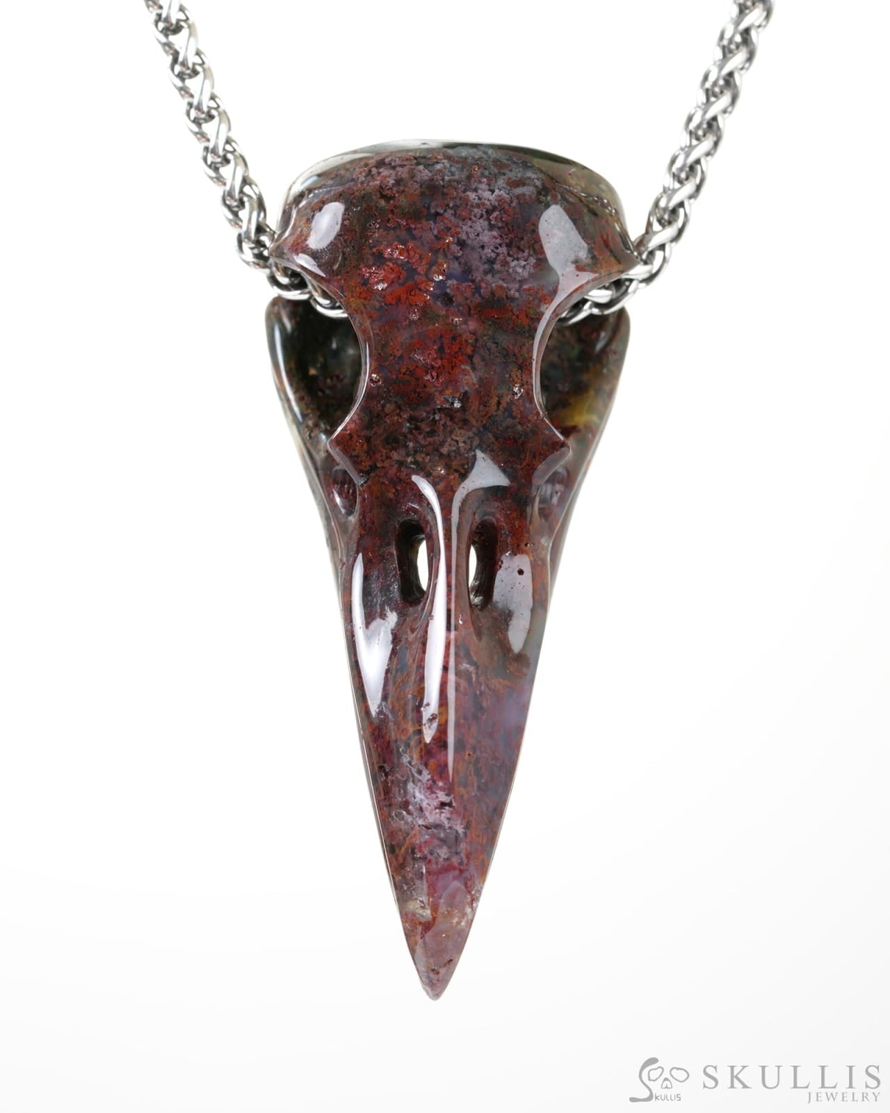 Skullis Signature Green Moss Agate Gem Raven Skull Pendant or Necklace Hand Carved Sterling Silver 925 Chain for Women