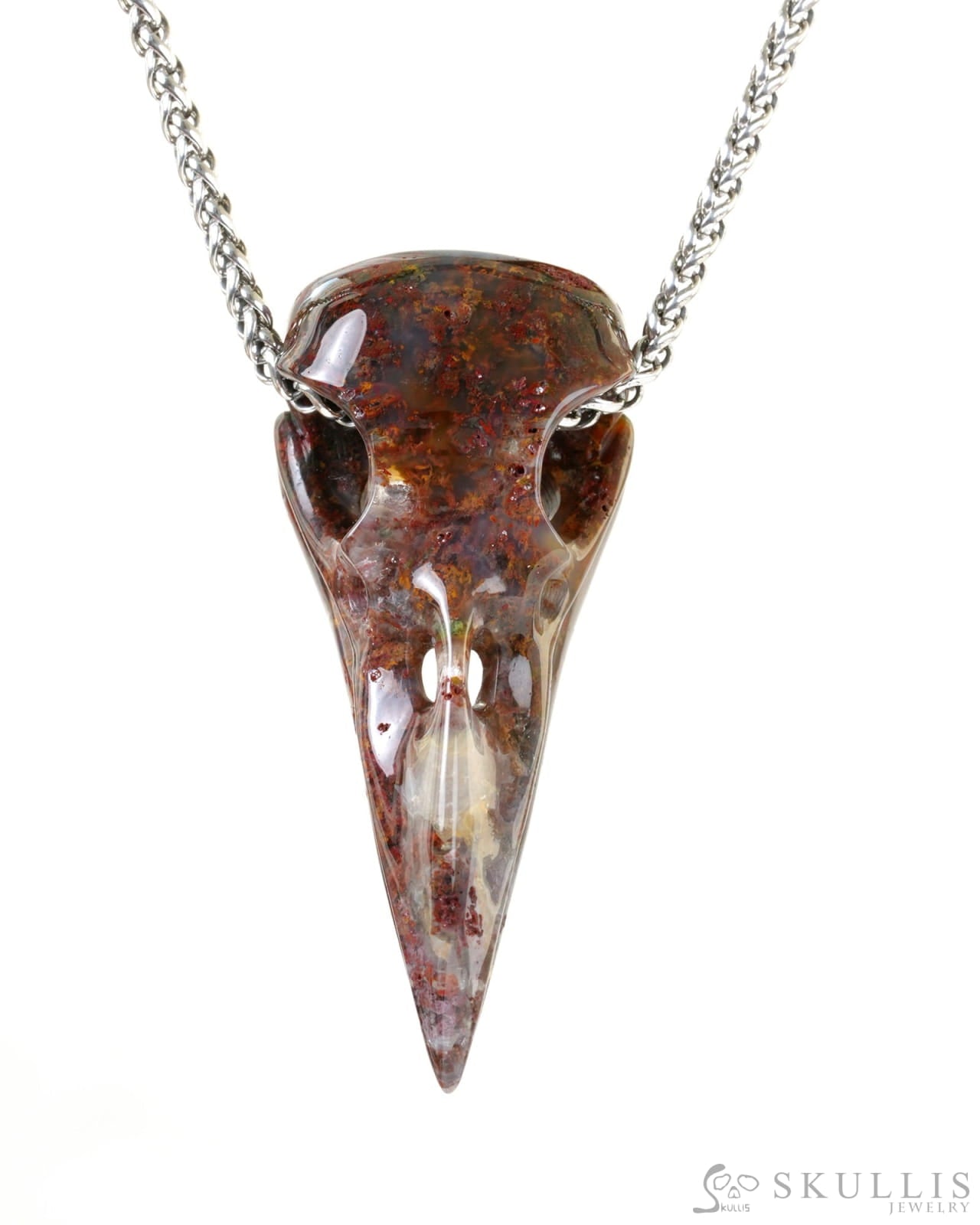 Skullis Signature Green Moss Agate Gem Raven Skull Pendant or Necklace Hand Carved Sterling Silver 925 Chain for Women