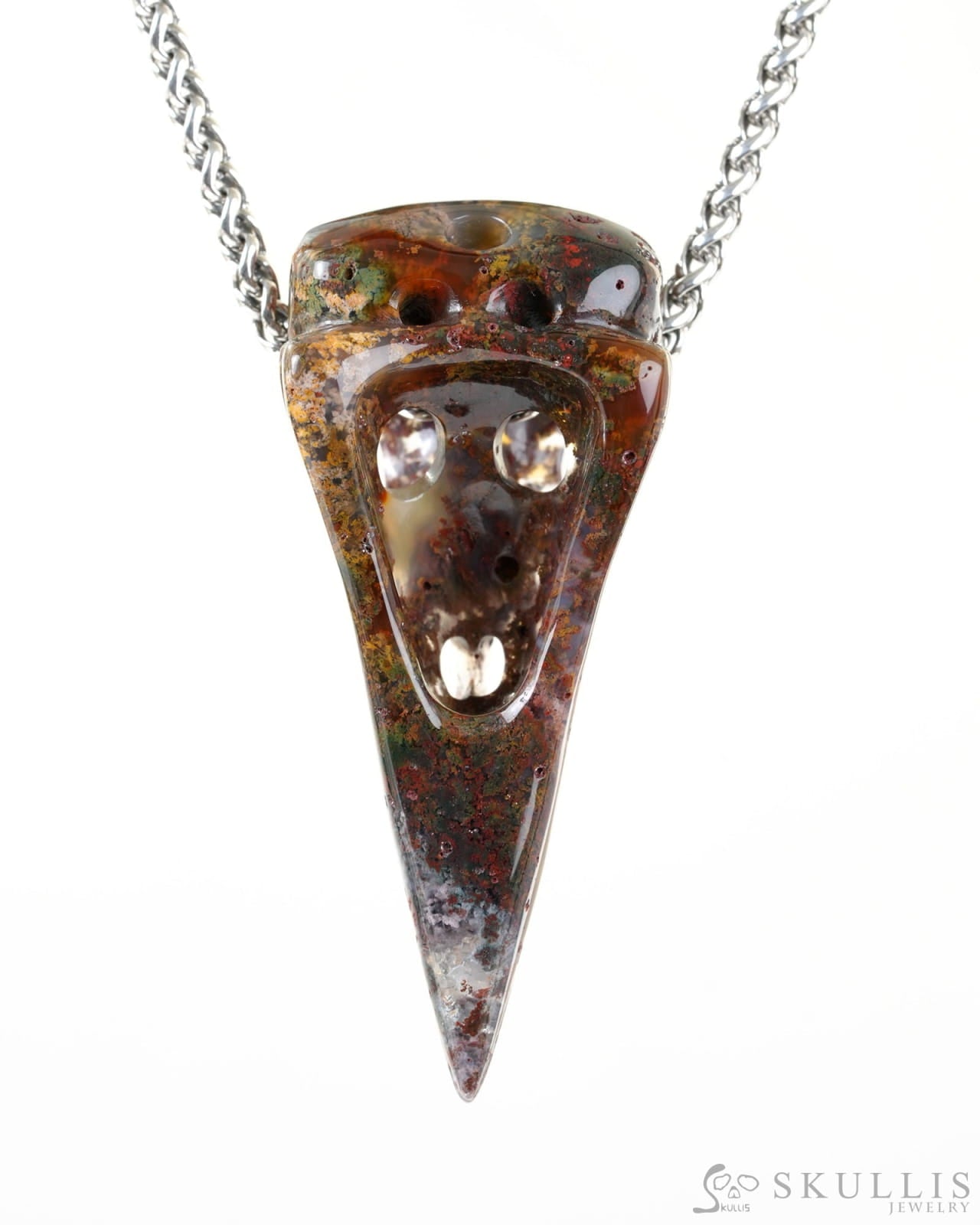 Skullis Signature Green Moss Agate Gem Raven Skull Pendant or Necklace Hand Carved Sterling Silver 925 Chain for Women