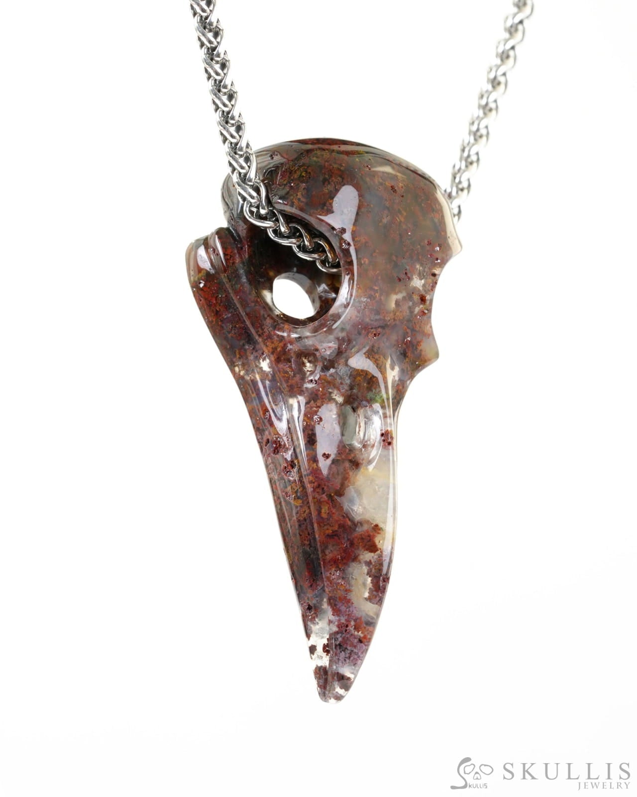 Skullis Signature Green Moss Agate Gem Raven Skull Pendant or Necklace Hand Carved Sterling Silver 925 Chain for Women