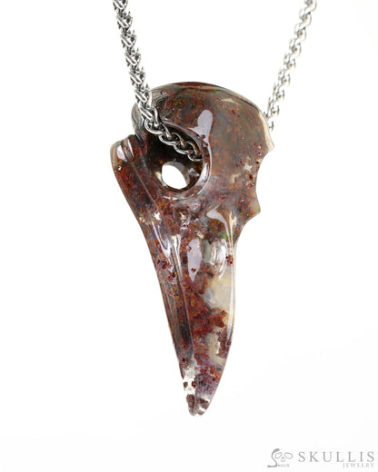 Skullis Signature Green Moss Agate Gem Raven Skull Pendant or Necklace Hand Carved Sterling Silver 925 Chain for Women