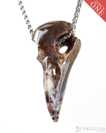 Skullis Signature Green Moss Agate Gem Raven Skull Pendant or Necklace Hand Carved Sterling Silver 925 Chain for Women