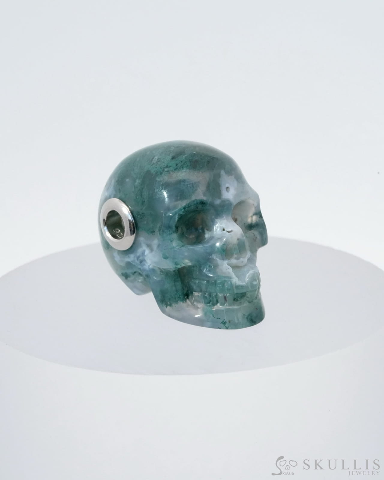 Skullis Signature Green Moss Agate Gem Skull Pendant Or Necklace Hand Carved Sterling Silver 925