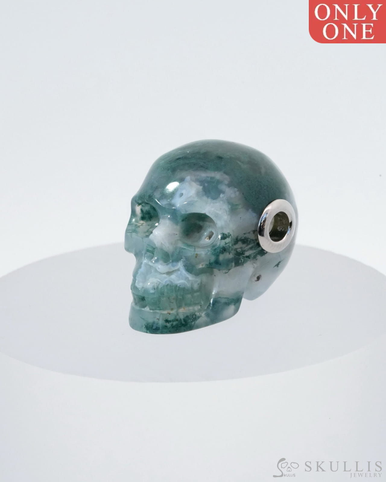 Skullis Signature Green Moss Agate Gem Skull Pendant Or Necklace Hand Carved Sterling Silver 925