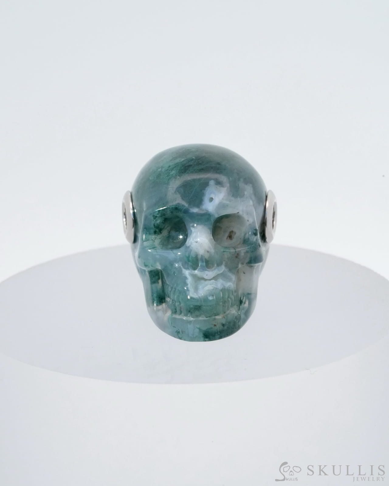 Skullis Signature Green Moss Agate Gem Skull Pendant Or Necklace Hand Carved Sterling Silver 925