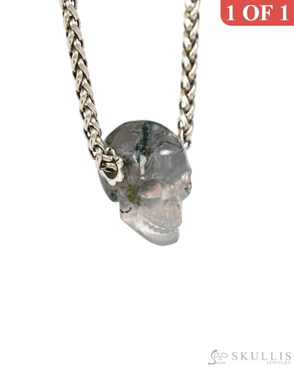 Skullis Signature Green Moss Agate Gem Skull Pendant or Necklace Hand Carved Sterling Silver 925 Chain for Women & Men