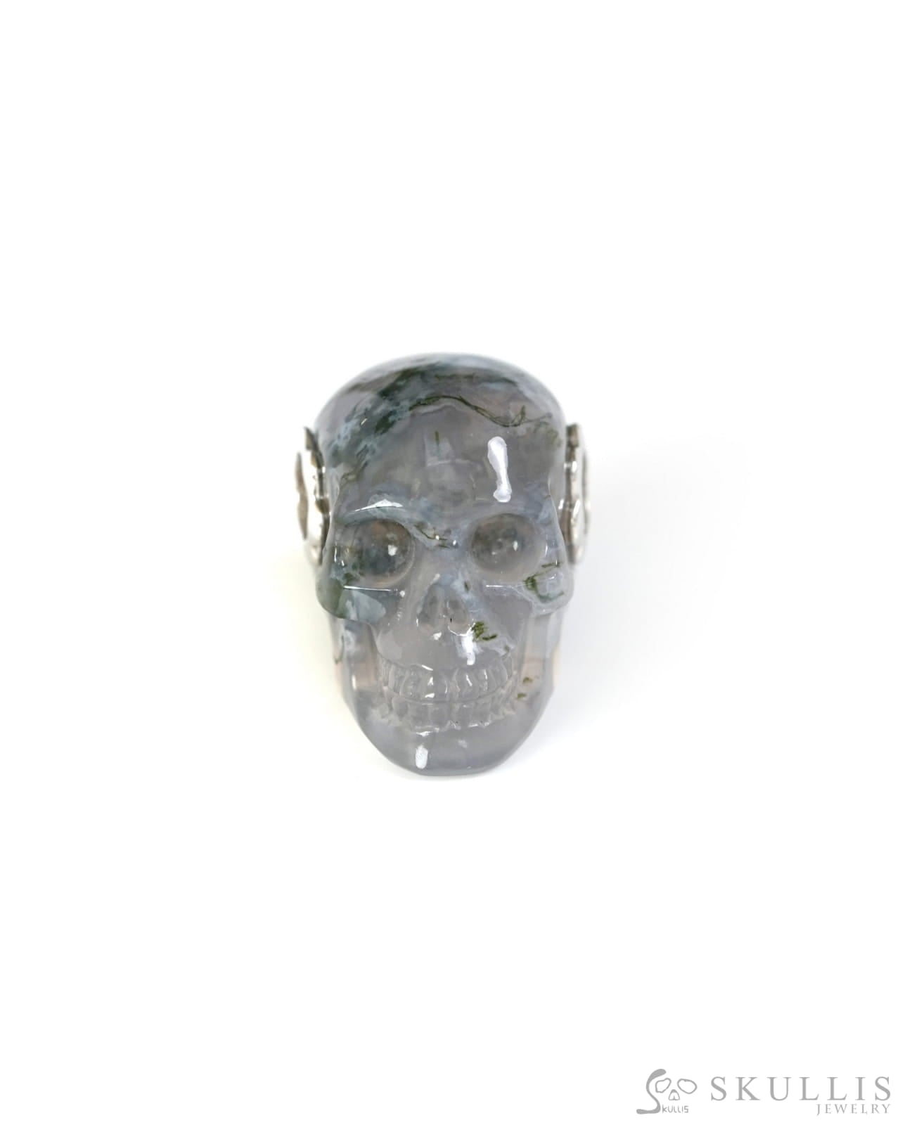 Skullis Signature Green Moss Agate Gem Skull Pendant or Necklace Hand Carved Sterling Silver 925 Chain for Women & Men