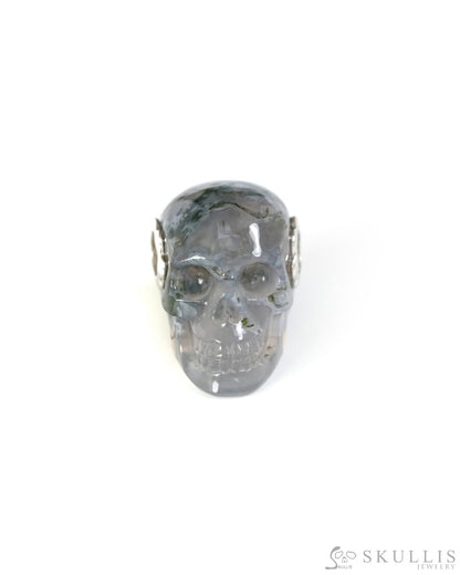 Skullis Signature Green Moss Agate Gem Skull Pendant or Necklace Hand Carved Sterling Silver 925 Chain for Women & Men