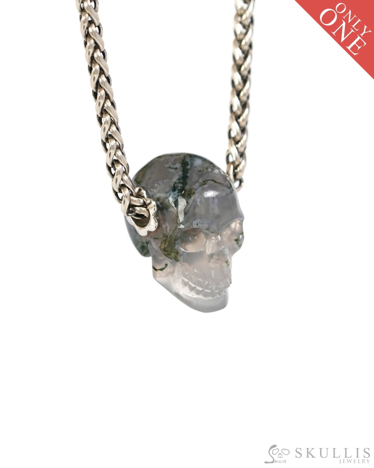Skullis Signature Green Moss Agate Gem Skull Pendant or Necklace Hand Carved Sterling Silver 925 Chain for Women & Men