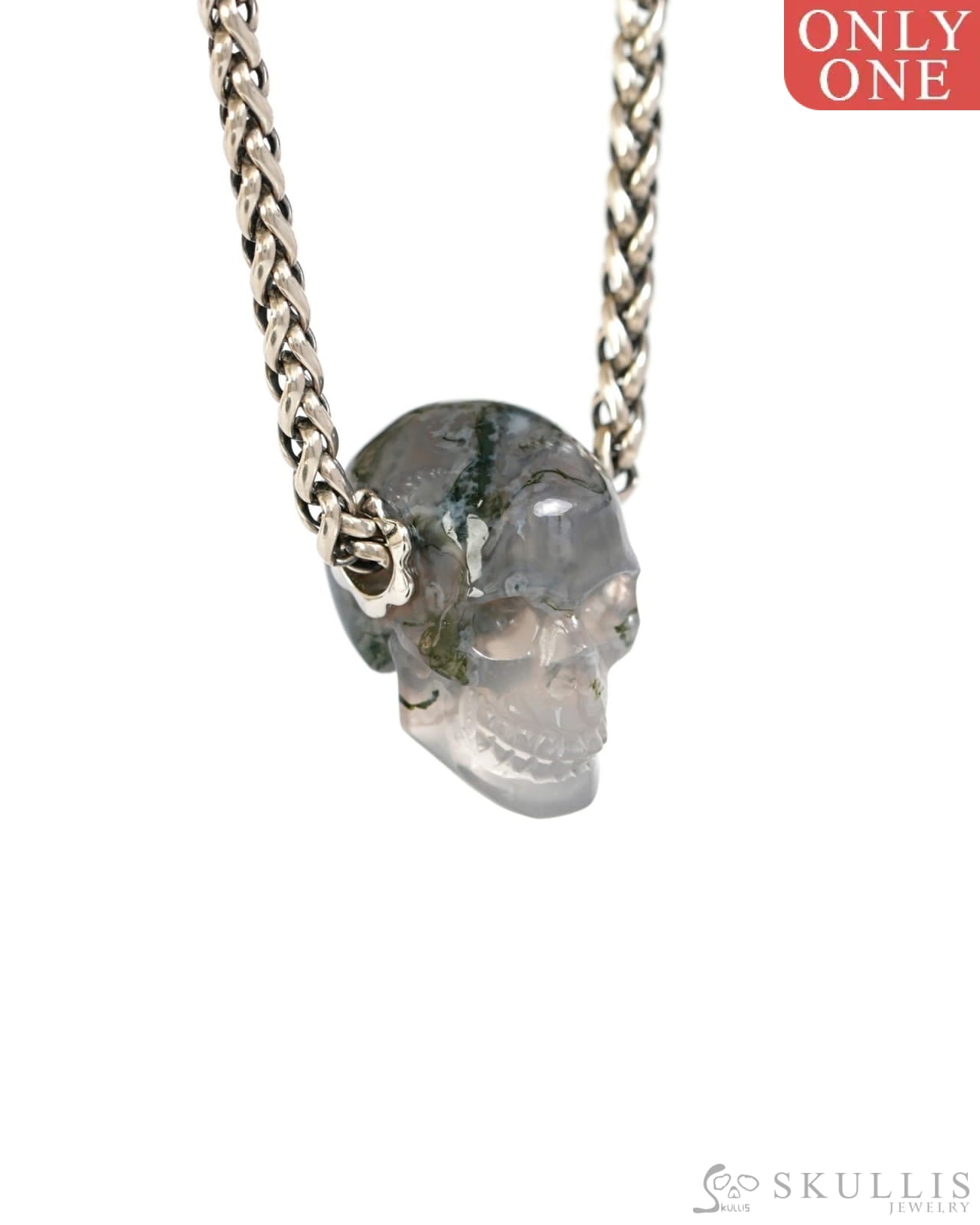 Skullis Signature Green Moss Agate Gem Skull Pendant or Necklace Hand Carved Sterling Silver 925 Chain for Women & Men