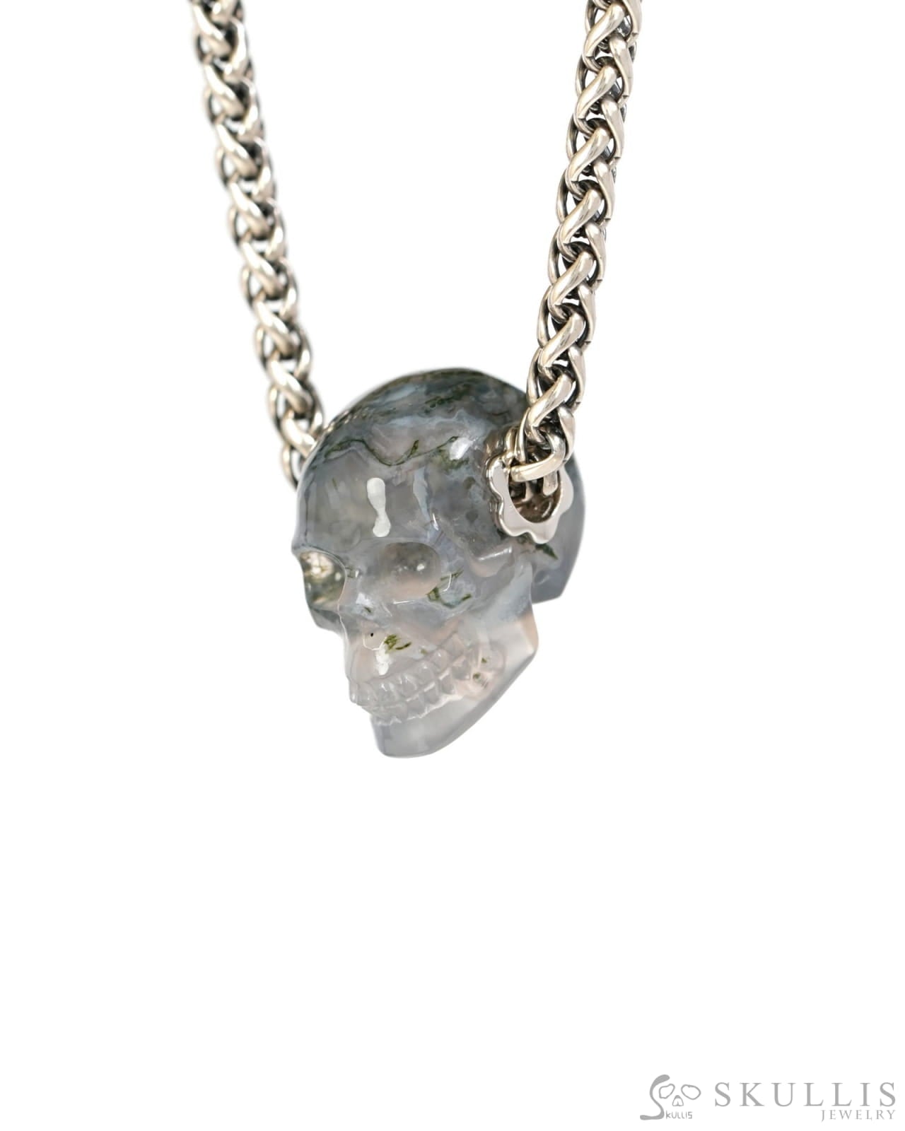 Skullis Signature Green Moss Agate Gem Skull Pendant or Necklace Hand Carved Sterling Silver 925 Chain for Women & Men