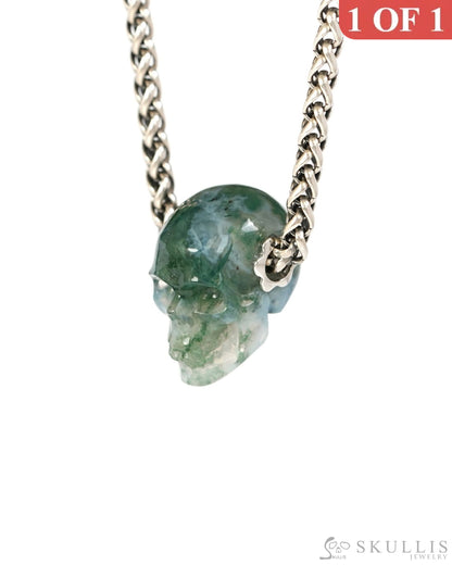 Skullis Signature Green Moss Agate Gem Skull Pendant or Necklace Hand Carved Sterling Silver 925 Chain for Women & Men