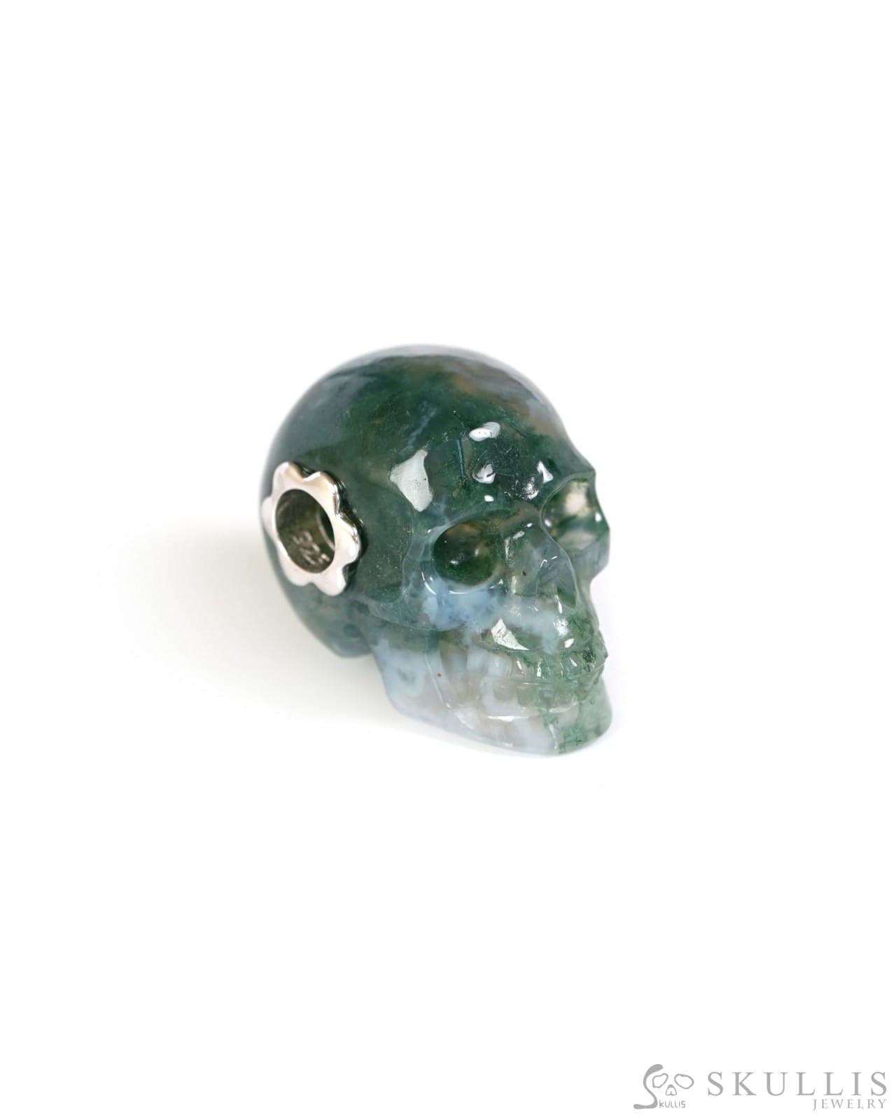 Skullis Signature Green Moss Agate Gem Skull Pendant or Necklace Hand Carved Sterling Silver 925 Chain for Women & Men