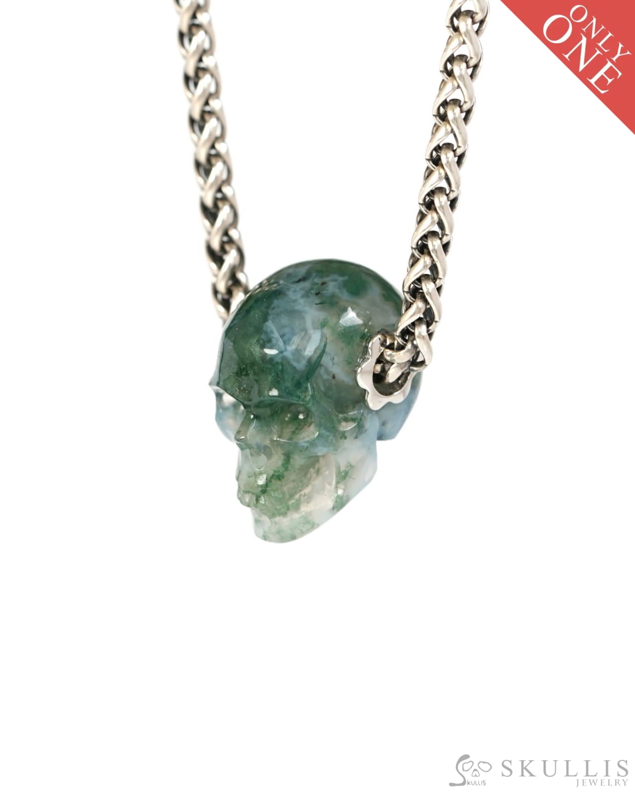 Skullis Signature Green Moss Agate Gem Skull Pendant or Necklace Hand Carved Sterling Silver 925 Chain for Women & Men