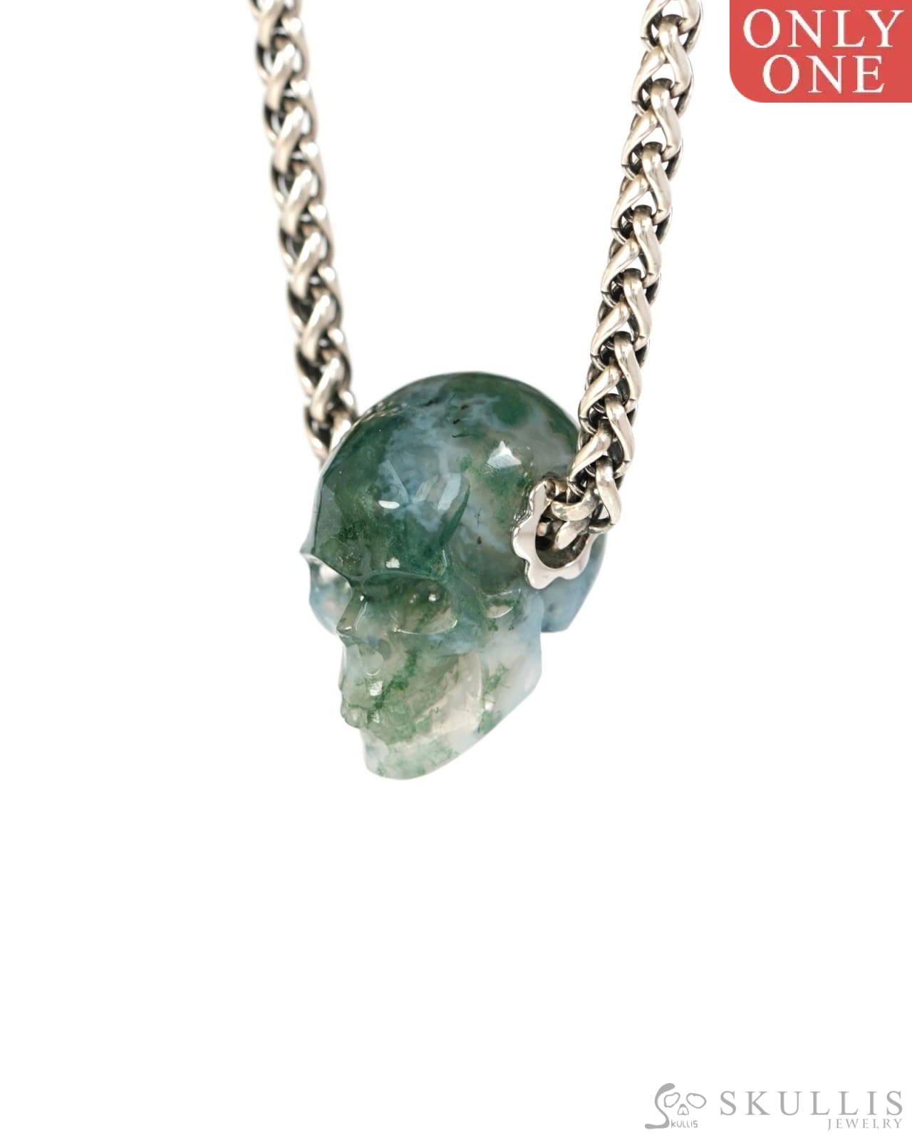 Skullis Signature Green Moss Agate Gem Skull Pendant or Necklace Hand Carved Sterling Silver 925 Chain for Women & Men