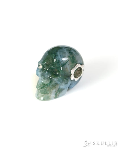 Skullis Signature Green Moss Agate Gem Skull Pendant or Necklace Hand Carved Sterling Silver 925 Chain for Women & Men