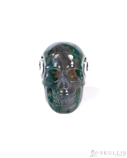 Skullis Signature Green Moss Agate Gem Skull Pendant or Necklace Hand Carved Sterling Silver 925 Chain for Women & Men