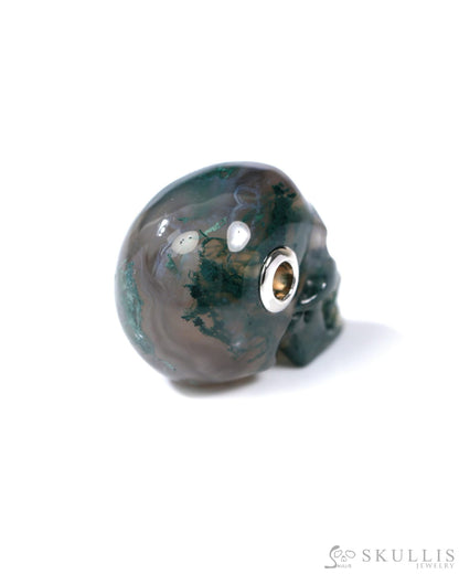 Skullis Signature Green Moss Agate Gem Skull Pendant or Necklace Hand Carved Sterling Silver 925 Chain for Women & Men
