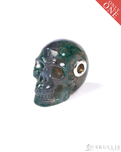 Skullis Signature Green Moss Agate Gem Skull Pendant or Necklace Hand Carved Sterling Silver 925 Chain for Women & Men