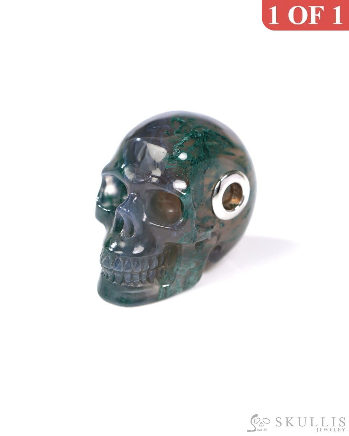 Skullis Signature Green Moss Agate Gem Skull Pendant or Necklace Hand Carved Sterling Silver 925 Chain for Women & Men