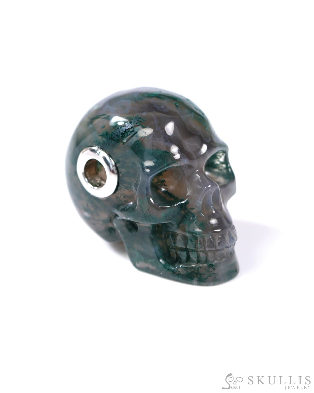 Skullis Signature Green Moss Agate Gem Skull Pendant or Necklace Hand Carved Sterling Silver 925 Chain for Women & Men