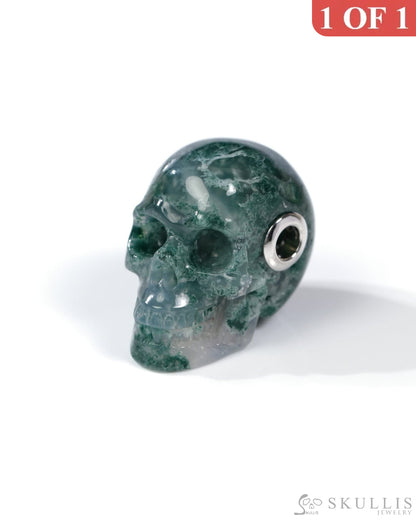 Skullis Signature Green Moss Agate Gem Skull Pendant or Necklace Hand Carved Sterling Silver 925 Chain for Women & Men