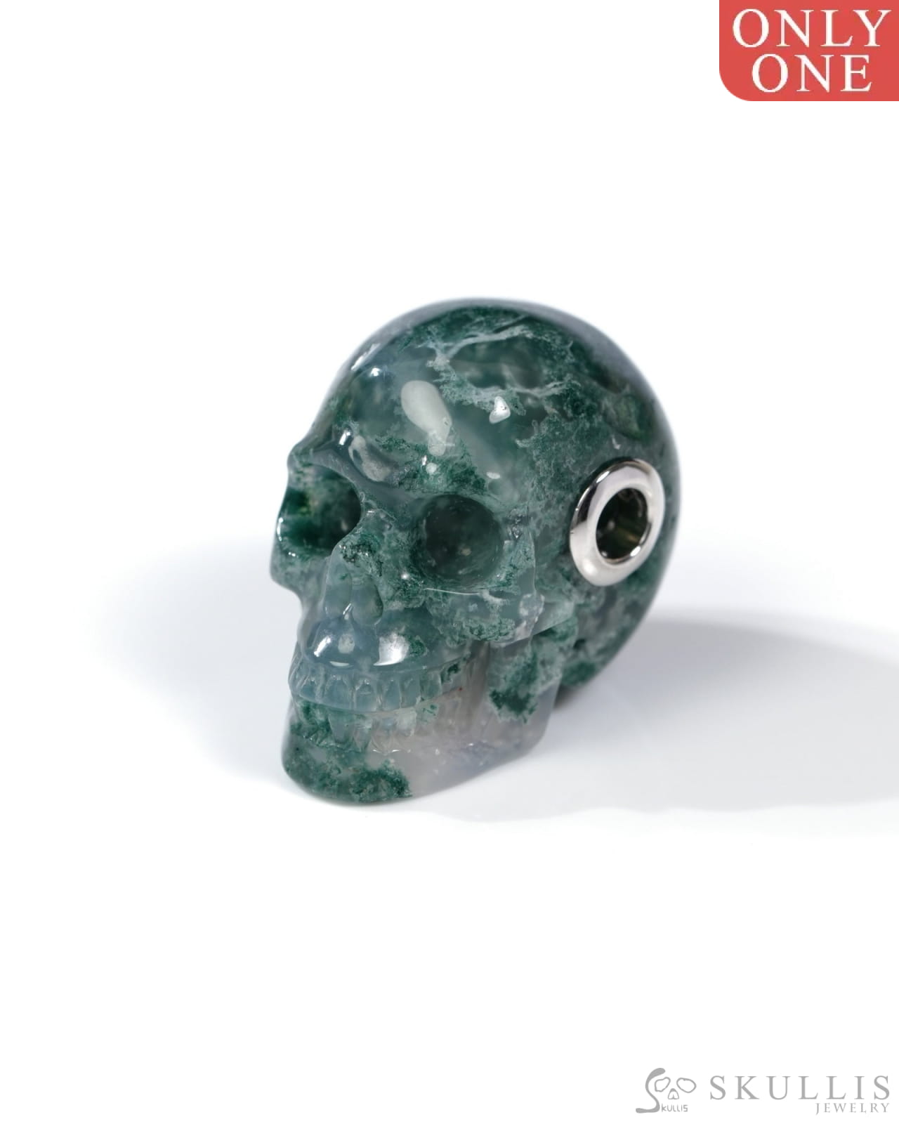 Skullis Signature Green Moss Agate Gem Skull Pendant or Necklace Hand Carved Sterling Silver 925 Chain for Women & Men