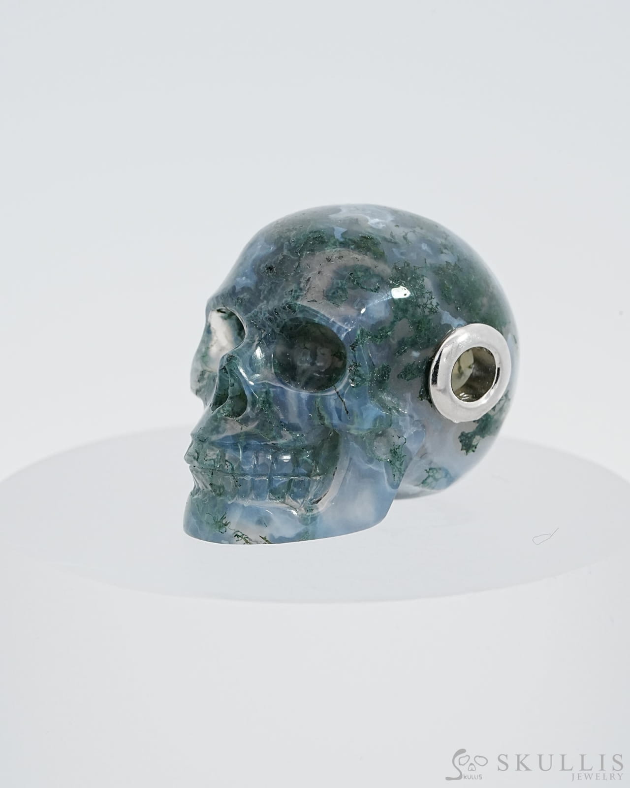 Skullis Signature Green Moss Agate Gem Skull Pendant Or Necklace Hand Carved Sterling Silver 925