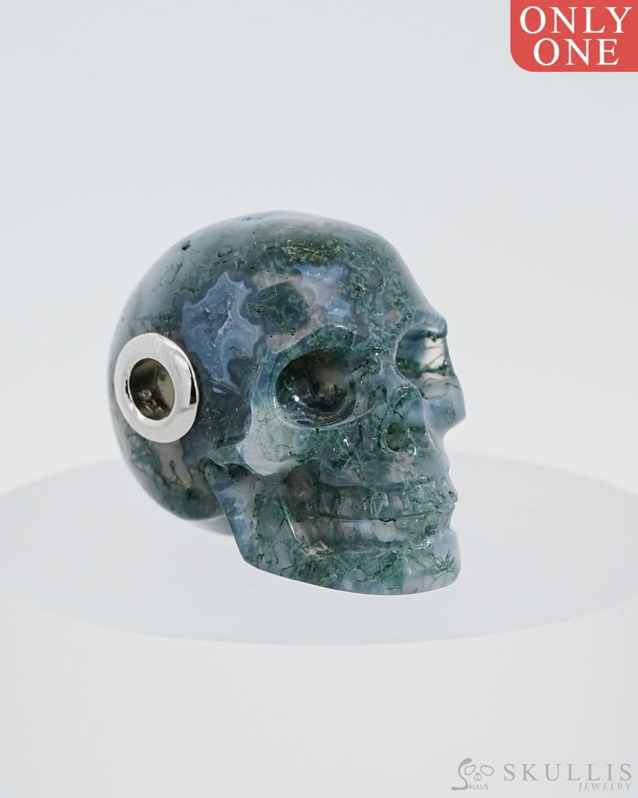 Skullis Signature Green Moss Agate Gem Skull Pendant Or Necklace Hand Carved Sterling Silver 925